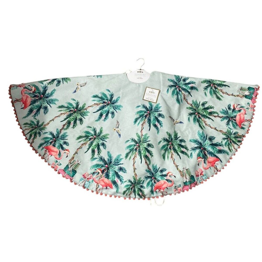 NEW Coastal Collection 52” Christmas Tree Skirt - Palms Trees & Flamingos Theme